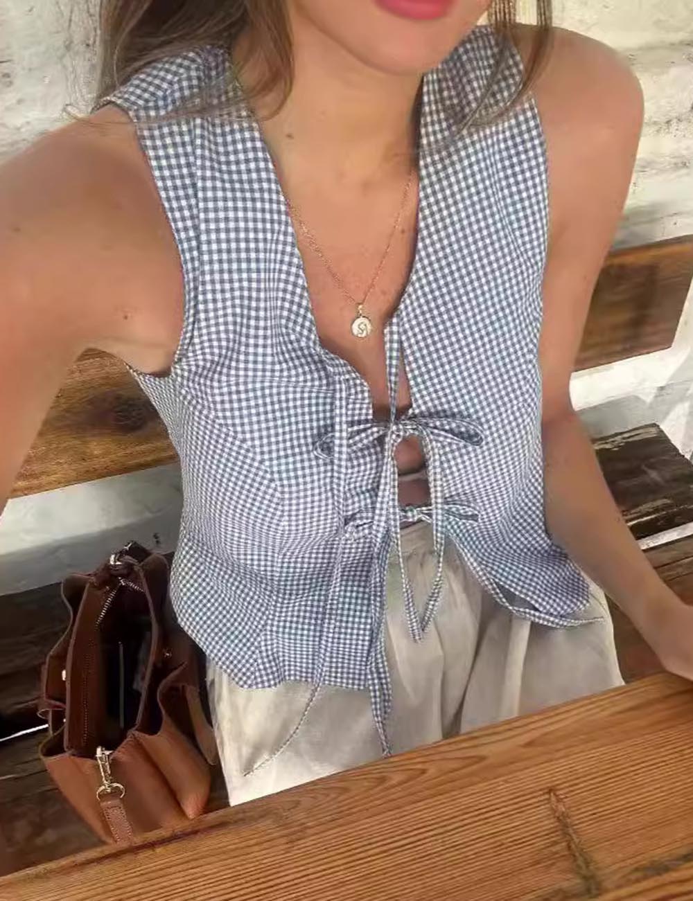 Bow String Plaid Sleeveless Open Front Vest DP25F413