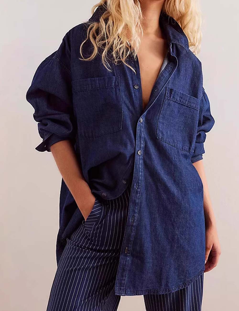 Vintage Lapel Collar Long Sleeve Denim Shirt DP25E555