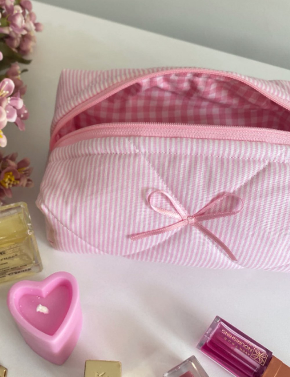 Pink Bowknot Striped Sweet Make Up Bag DPB0102