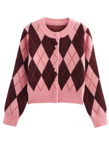 Vintage Diamond Checker Button Down Knit Cardigan DP25E526