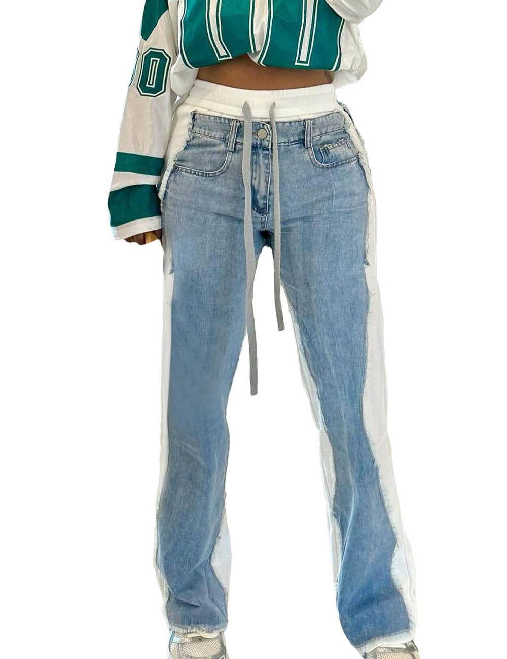 Fashion Splicing Drawstring Straight Leg Jeans DP25G678