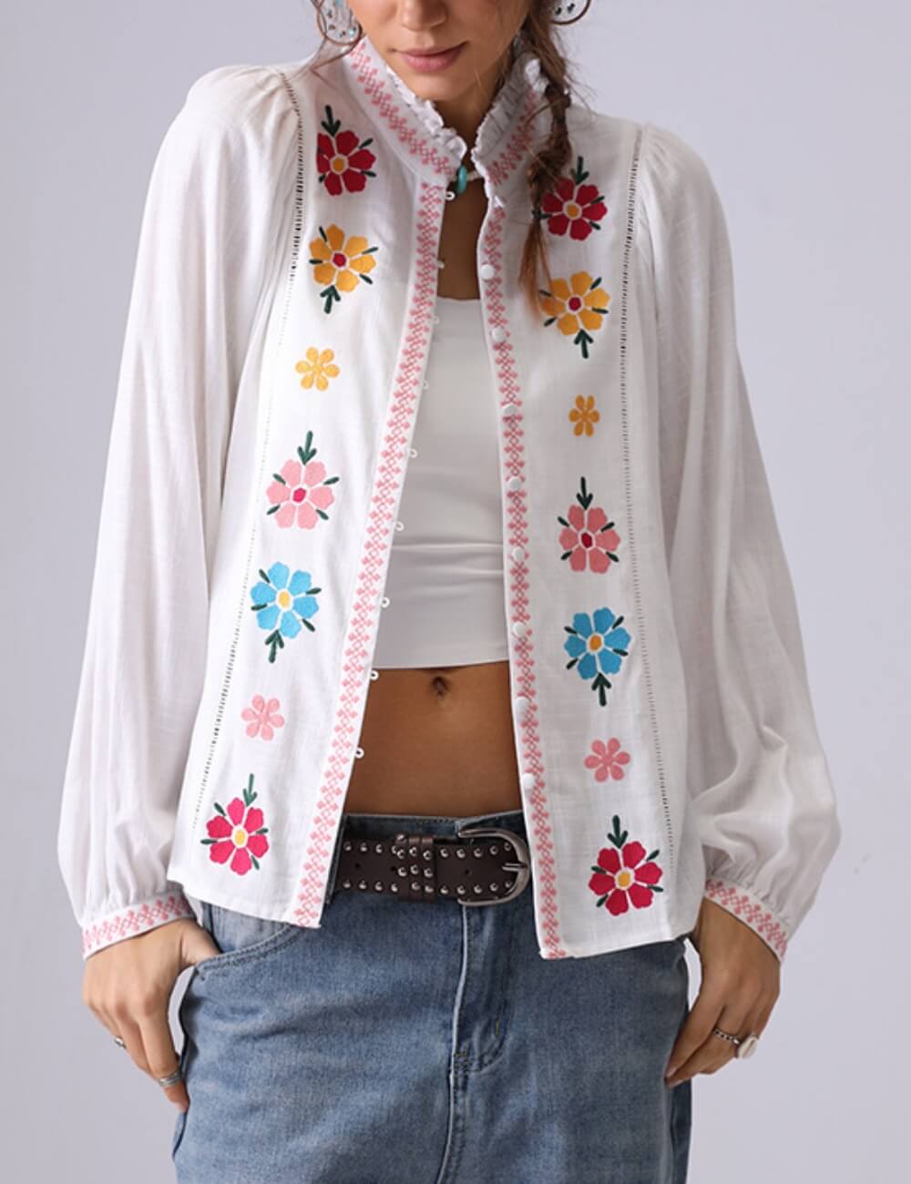 Elegant Flower Embroidered Button Down Top DP25D887