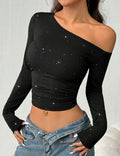 Rhinestone One Shoulder Crop Top - DippedShop Wholesale - #4787