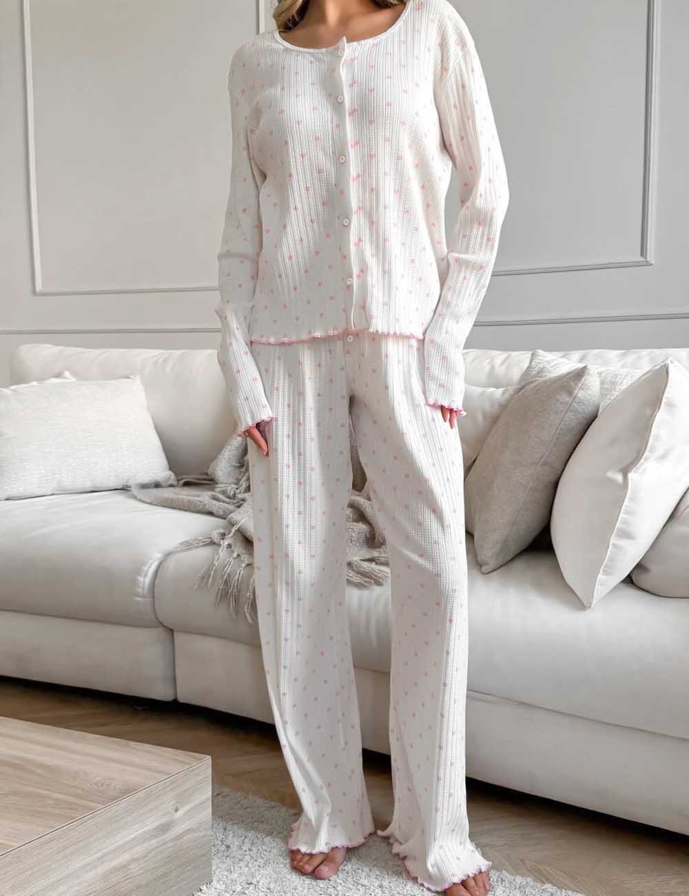 Knit Heart Print Lounge Pajamas Set DP25F891
