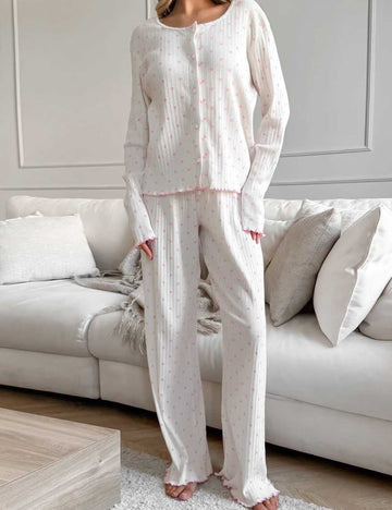 Knit Heart Print Lounge Pajamas Set DP25F891