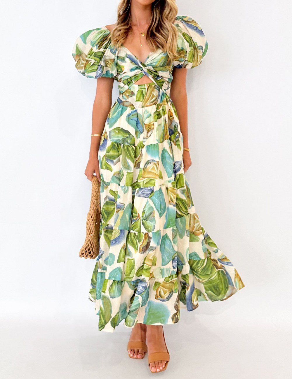Puffy Sleeves Floral Print Belted Dress DP25B524