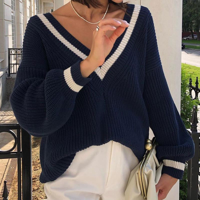 Color Block V-Neck Long Sleeve Sweater DP25F530