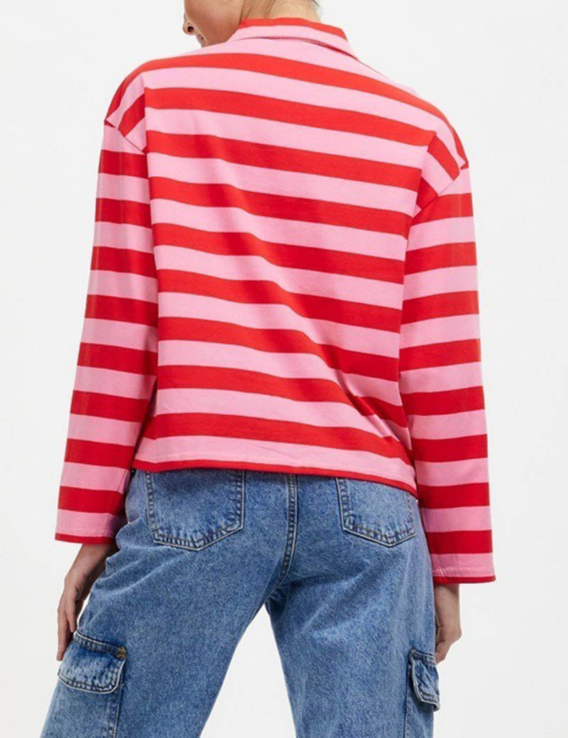 Cozy Striped Lapel Zip Polo Sweatshirt DP25F415