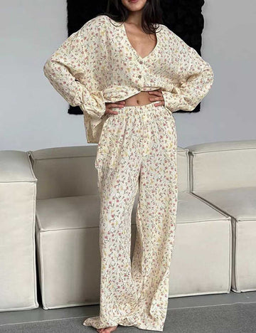 Floral Print V-Neck Button Up Pajamas Set DP25F880