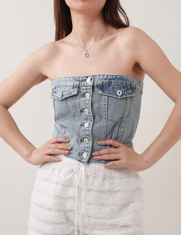Button Down Strapless Denim Tube Tops DP25C440