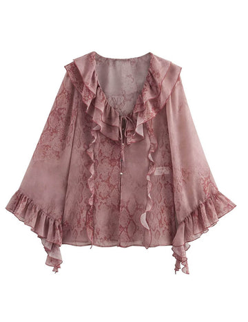 Elegant V-Neck Printed Layered Ruffle Top DP25D786
