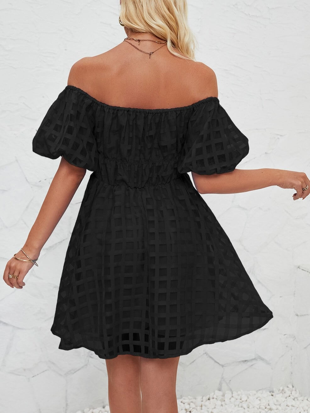 Off Shoulder Puff Sleeves Pleated Mini Dress DP25C472
