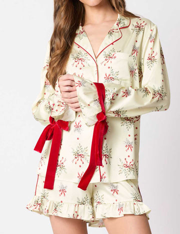 Cute Tree Print Satin Ruffled Pajamas Set DP25F885