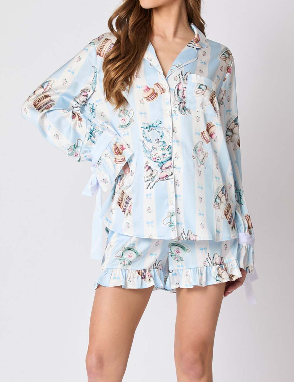 2 Pcs Cute Flower Print Satin Ruffled Pajamas Set DP25F884