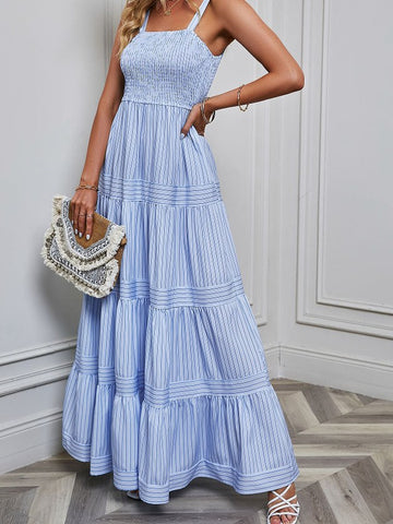 Solid Color Striped Spaghetti Long Dress DP25A516