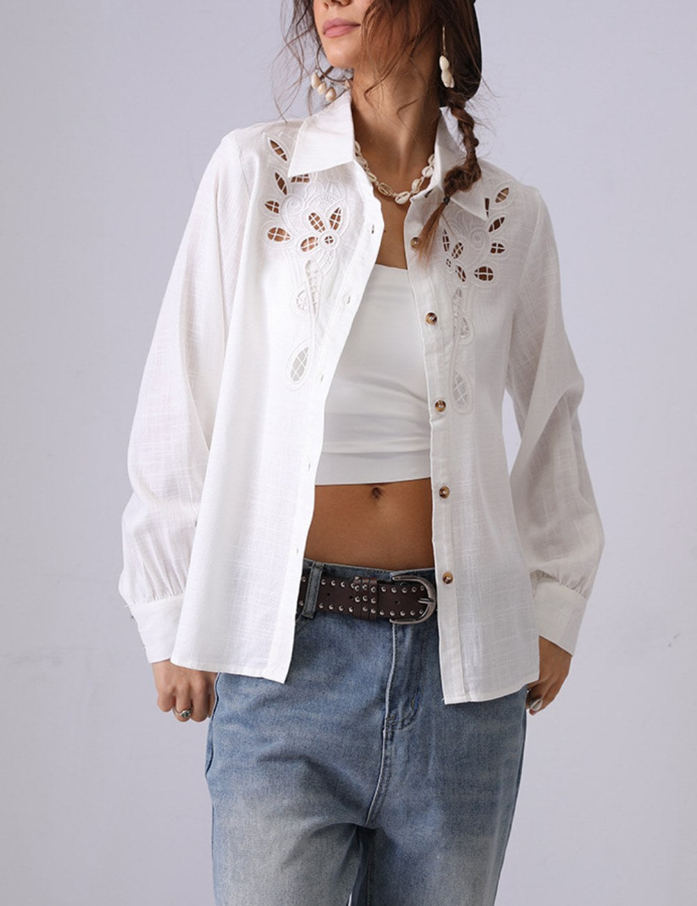 Hollow Embroidered Lapel Button Down Shirt DP25C868