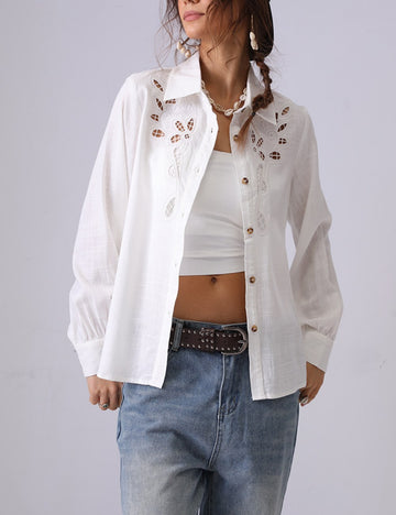 Hollow Embroidered Lapel Button Down Shirt DP25C868