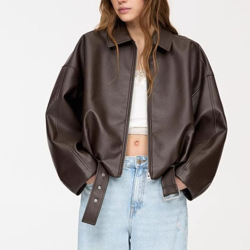 Loose Drop Shoulder Leather Jacket DP25G811