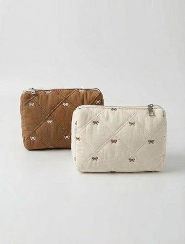 Simple Cotton Quilted Bow Embroidery Cosmetic Bag DP25H547