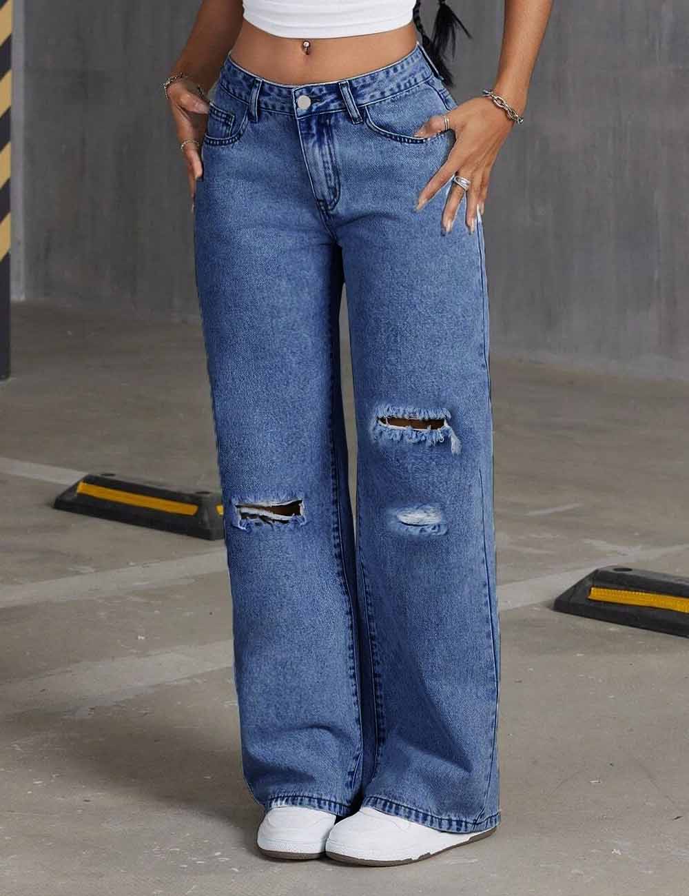 Distressed Ripped Wide Leg Baggy Denim Pants DP25G907