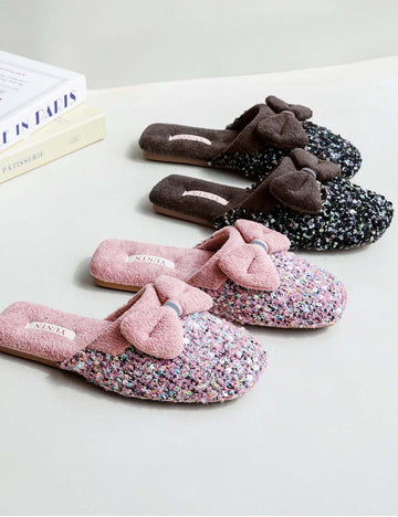 Elegant Sequins Plush Bow Knot Slippers DP25H506