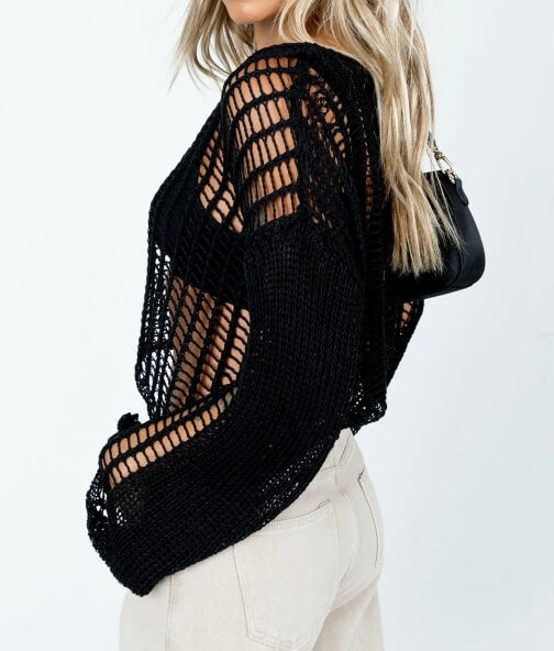 Round Neck Hollow Out Pullover Cover Up Top DP25B715