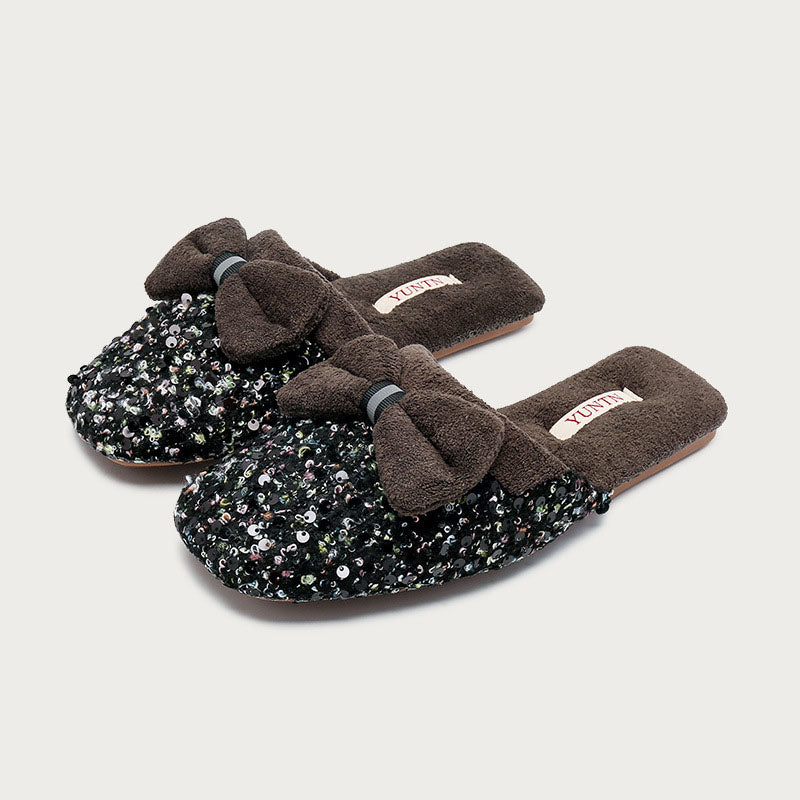 Elegant Sequins Plush Bow Knot Slippers DP25H506