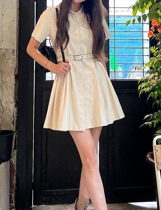Lapel Button Waist Tie Dress - DippedShop Wholesale - #7219
