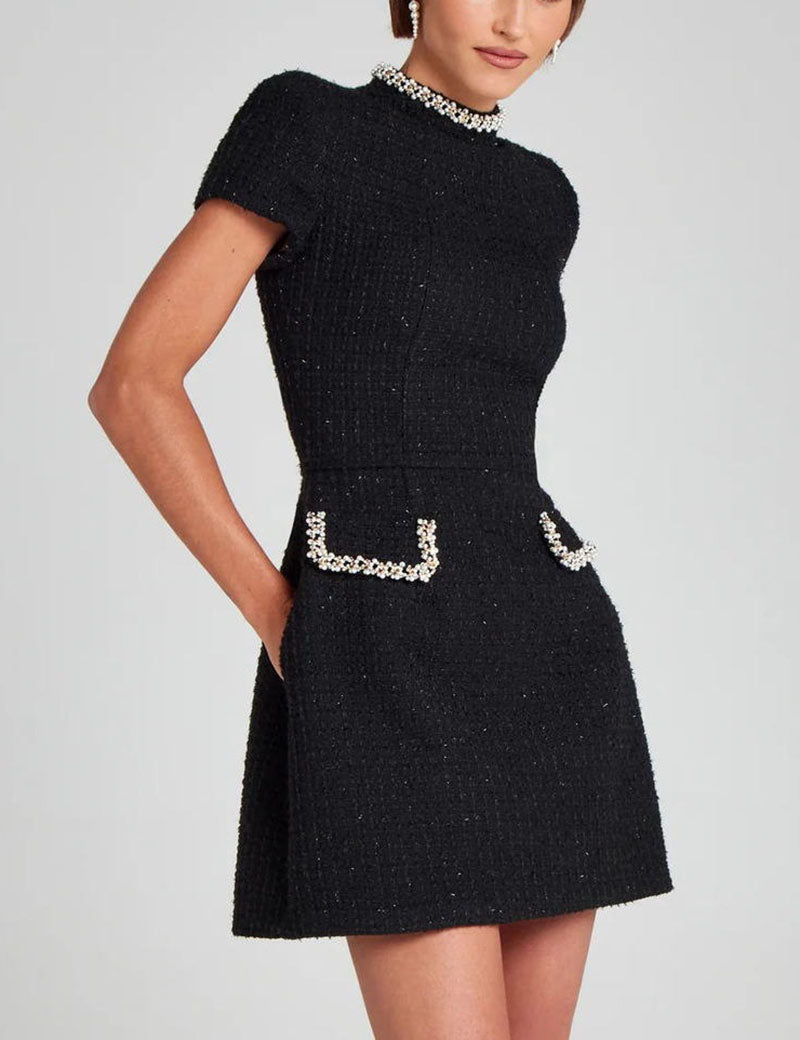 Pearl-Trimmed Slim Tweed Mini Dress DP25E670