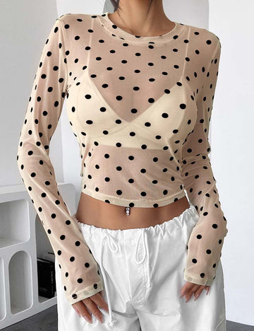 Sexy Polka Dots Mesh Long Sleeve Sheer Blouse DP25G999