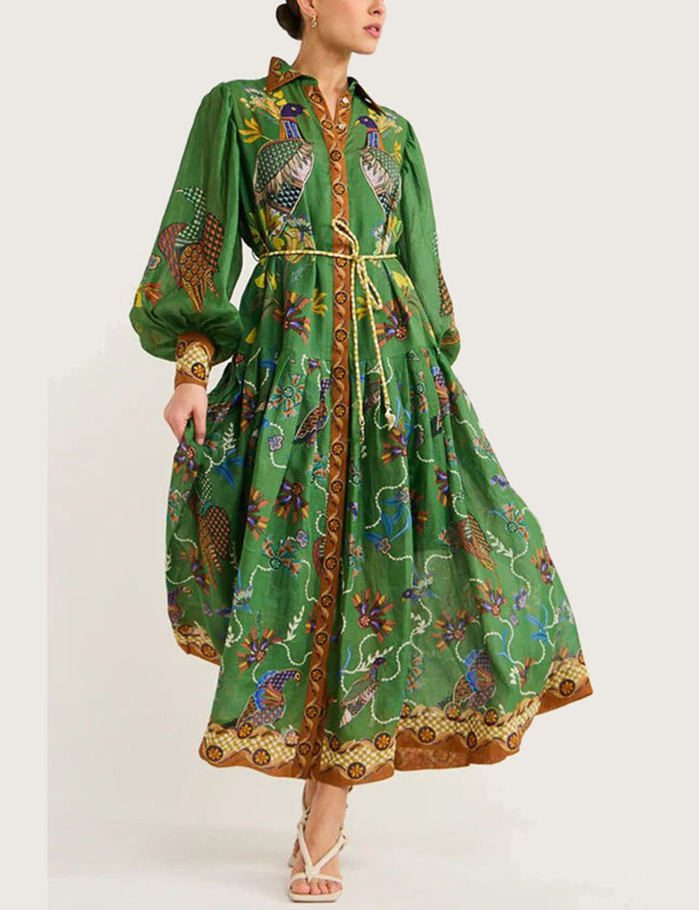 Peacock Print Lapel Buttons Maxi Dresses DP25E663