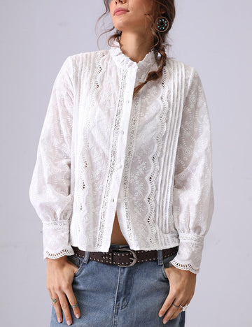 Embroidered Lace Ruffled Button Down Shirt DP25C874