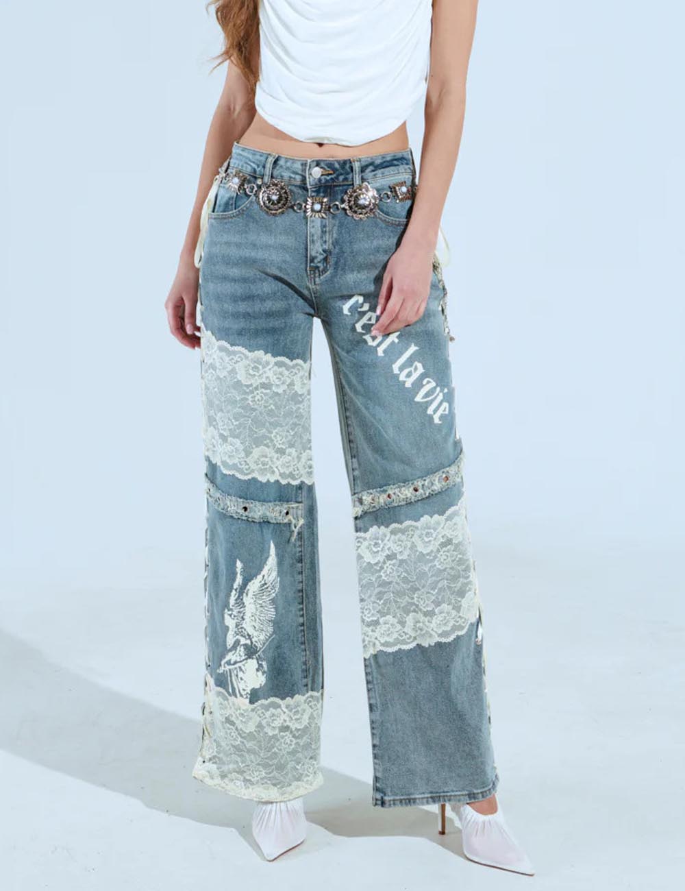 Lace Splicing Low Rise Straight Leg Jeans DP25G913