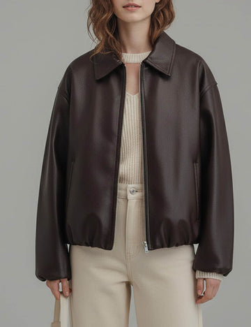 Simple Zipper Lapel Oversize Leather Jacket DP25G809