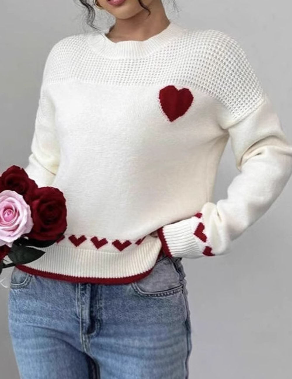 Casual Heart Crew Neck Long Sleeve Sweater DP25E529