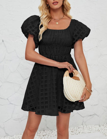 Off Shoulder Puff Sleeves Pleated Mini Dress DP25C472