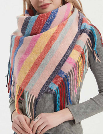 Winter Color Block Striped Tassel Square Scarf DP25G572