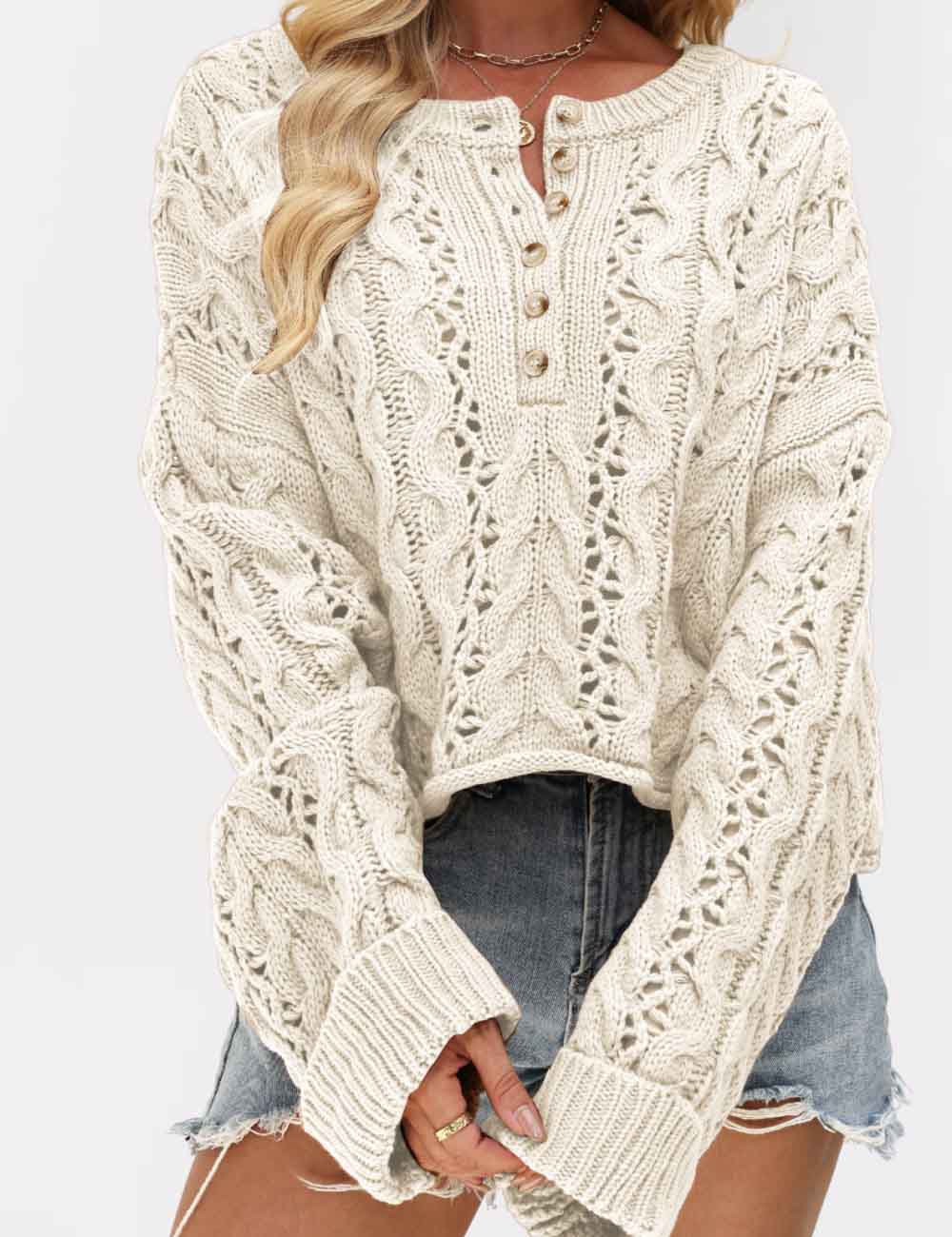 Cable Knit Round Neck Button Pullover Sweater DP25G932