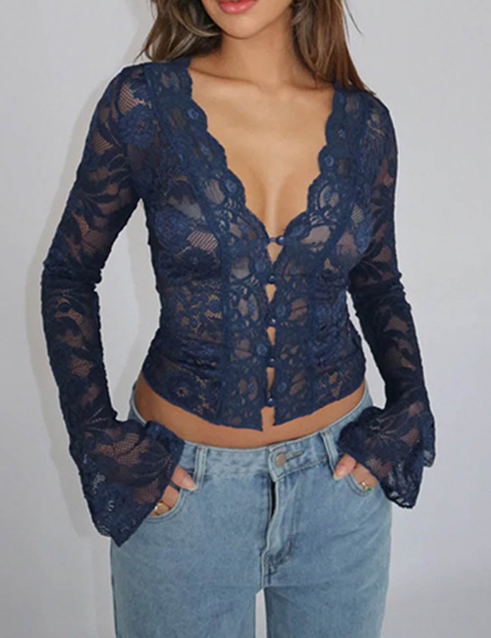 Sexy Lace Long Sleeve Blouse - DippedShop Wholesale - #2995