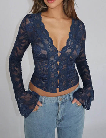 Sexy Lace Long Sleeve Blouse - DippedShop Wholesale - #2995