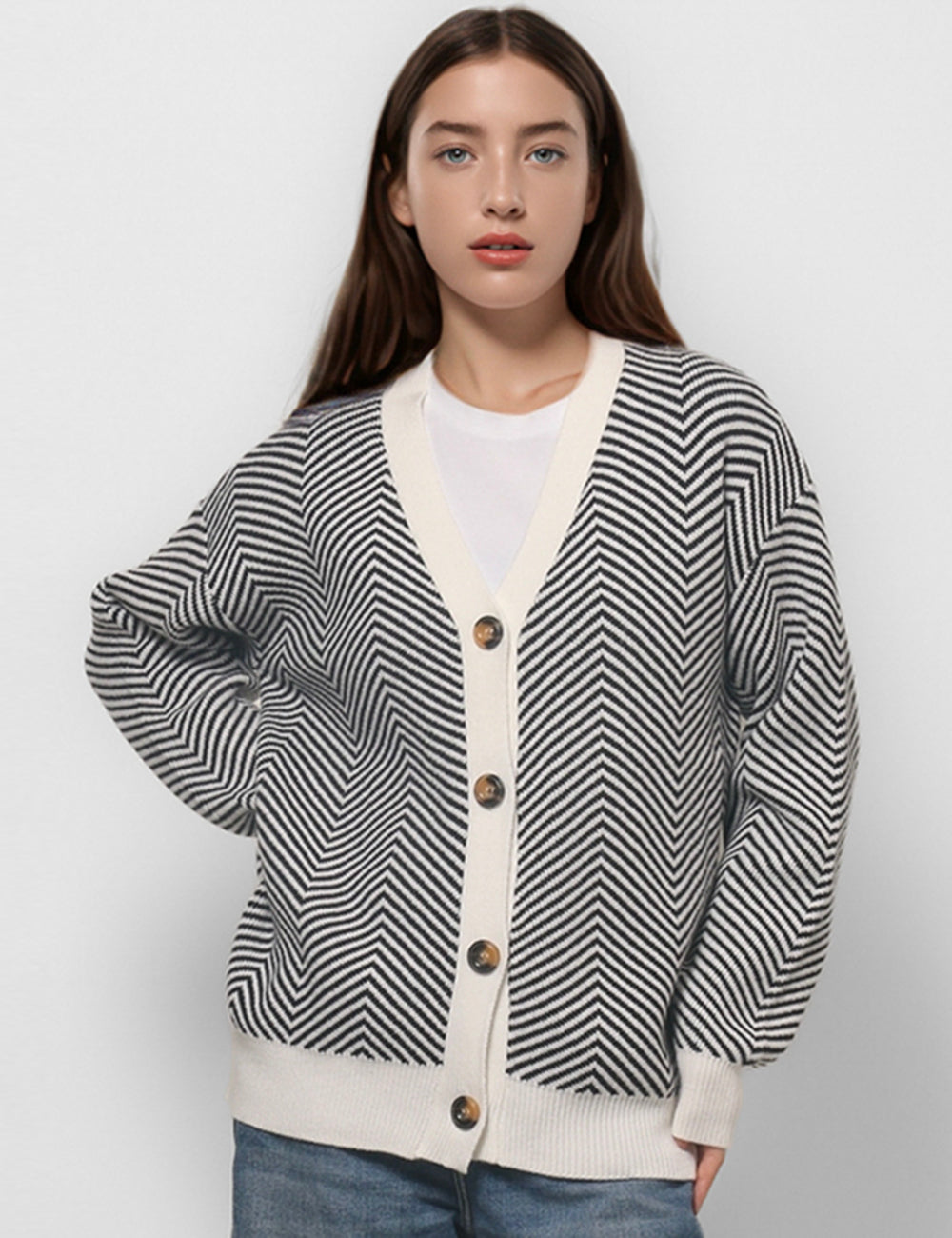 Striped Color Block Button Down V-Neck Knit Cardigan DPT4772