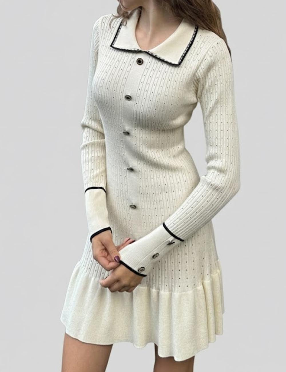 Simple Polo Collar Long Sleeve Knit Midi Dress DP25H662