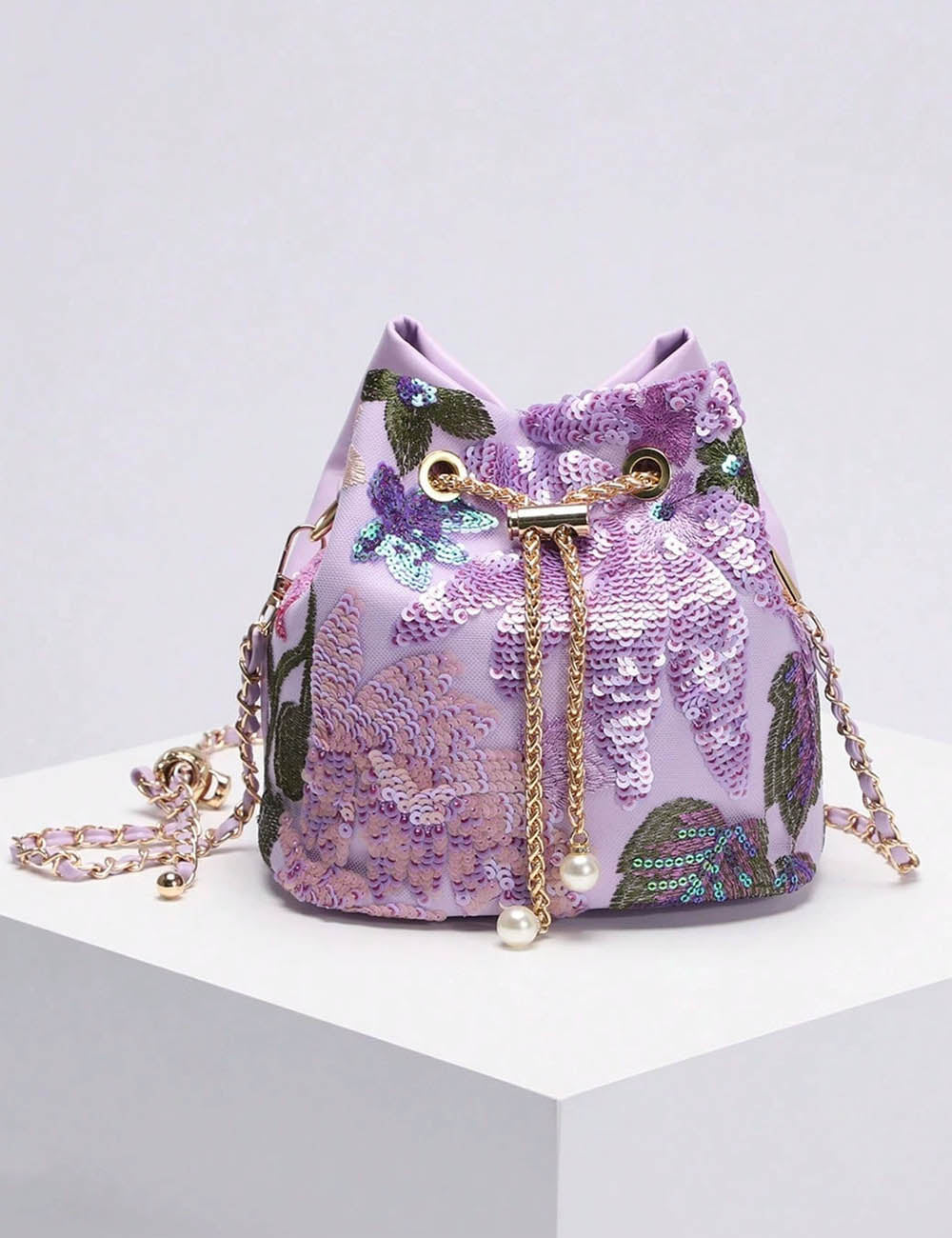 Flower Embroidery Sequin Bucket Bag - DippedShop Wholesale - #0563
