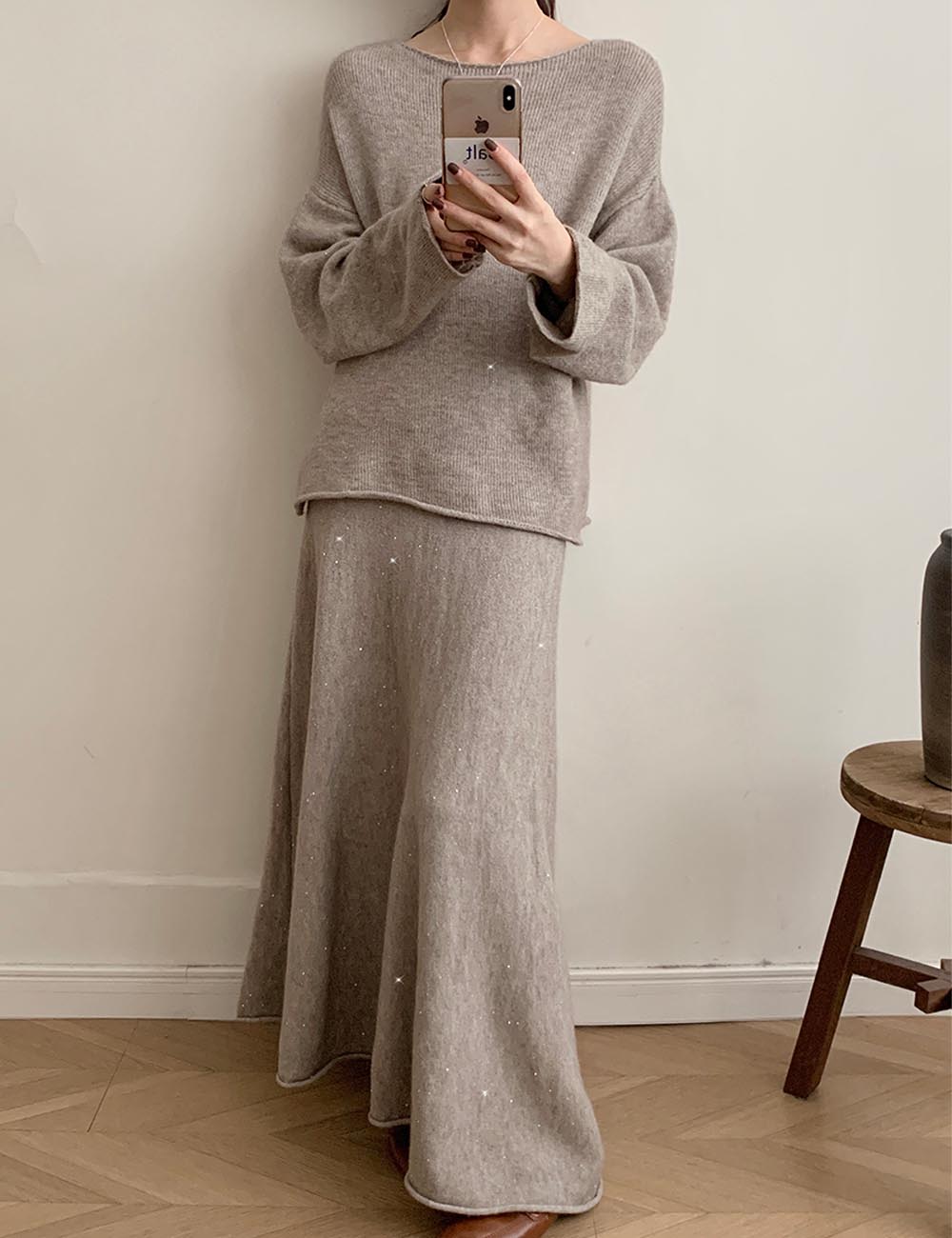 Casual Round Neck Sweater Maxi Skirt Set DP25G551