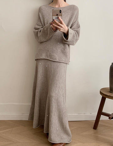 Casual Round Neck Sweater Maxi Skirt Set DP25G551