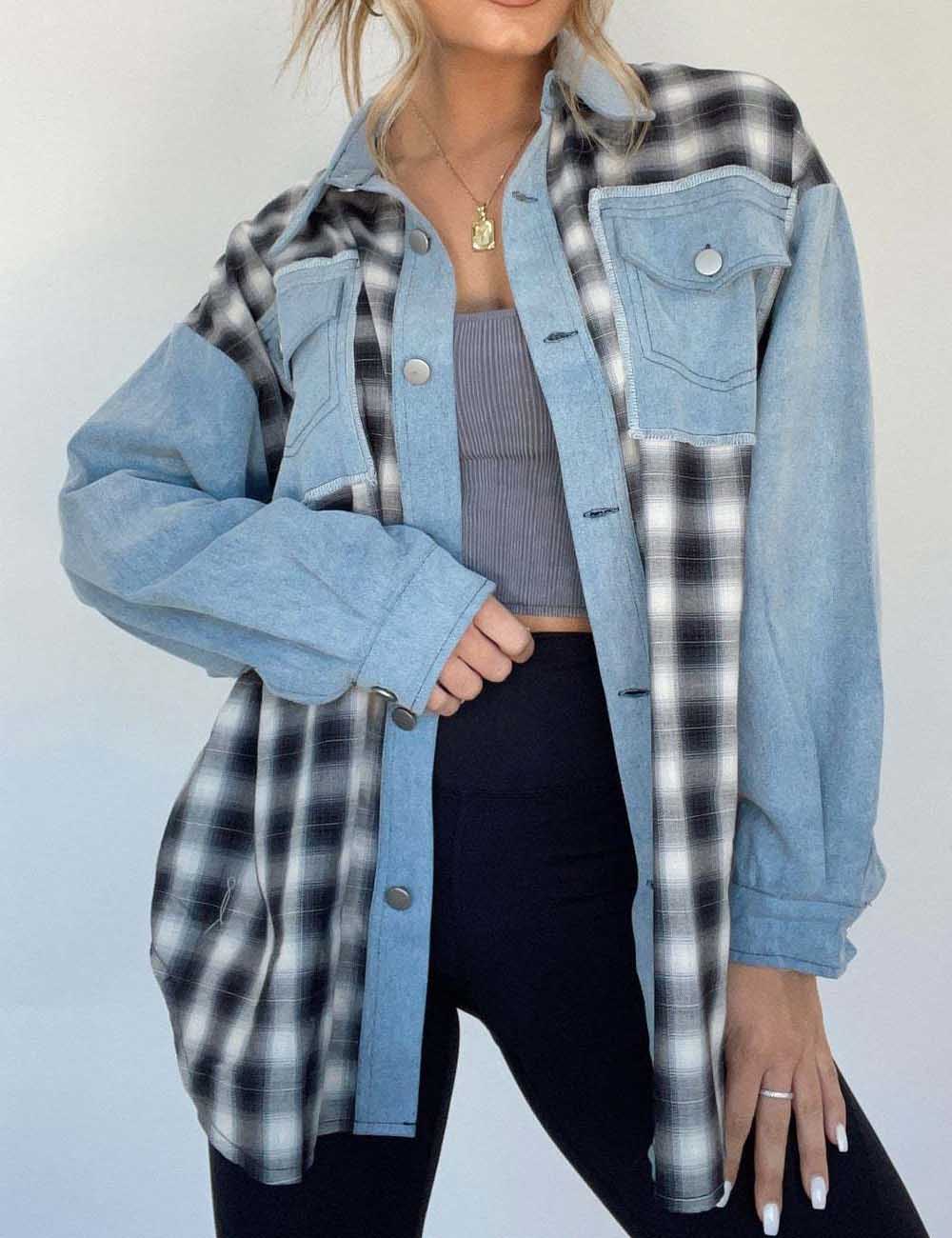 Loose Splice Plaid Long Sleeve Denim Top DP25E833