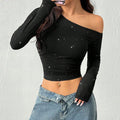 Rhinestone One Shoulder Crop Top - DippedShop Wholesale - #5859