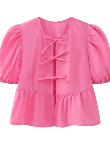 Cute Tie Front Round Neck Pullover Top DP25D405