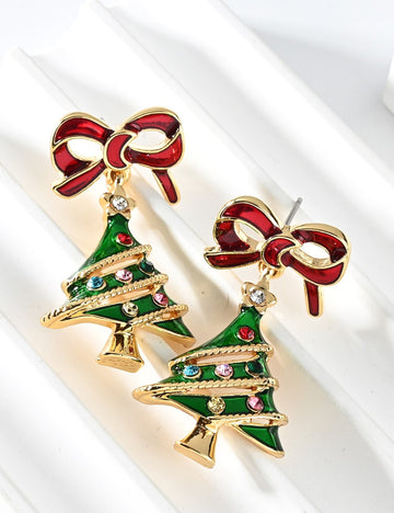 Bowknot Christmas Tree Pendant Stud Earrings DPJE1903