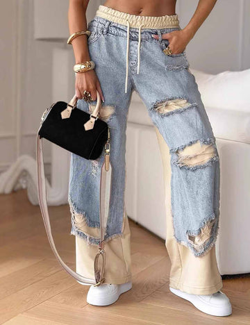 Ripped Drawstring Color Block Straight Leg Jeans DP25G915
